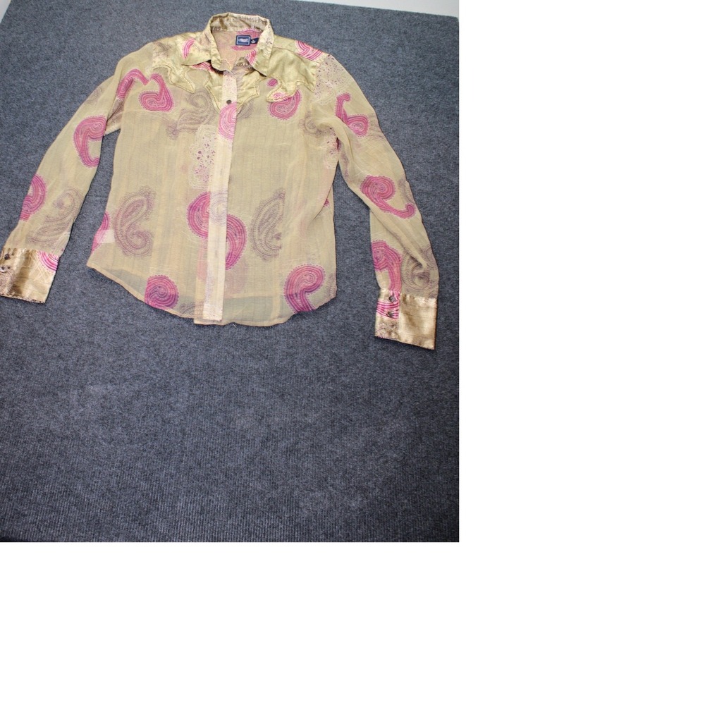 Cruel Girl Western Button Up Shirt Large Paisley Sheer Olive Pink Gold Yoke L
